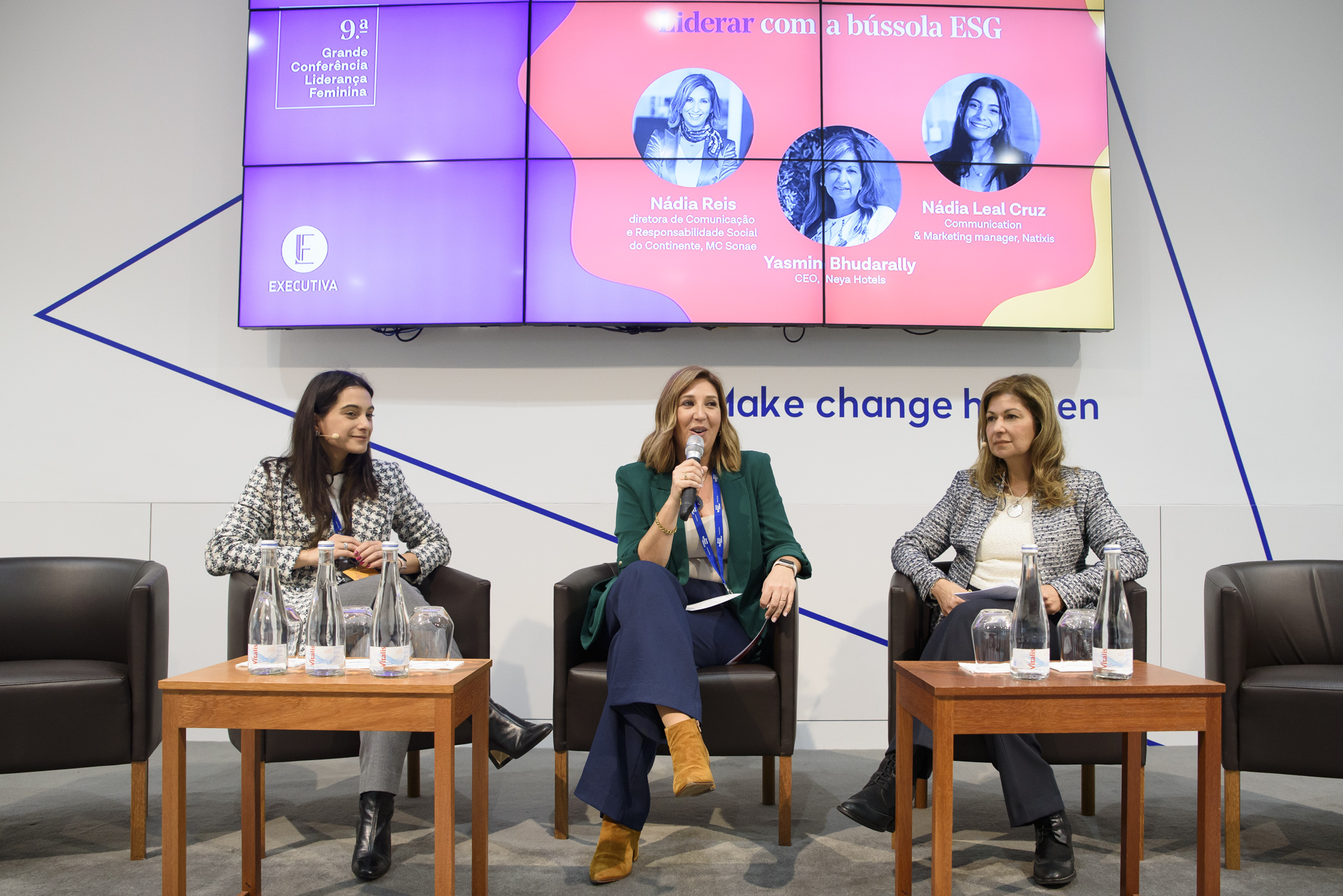 Liderar com a bússola ESG foi o tema para Nádia Cruz, Nádia Reis e Yasmin Bhudarally.