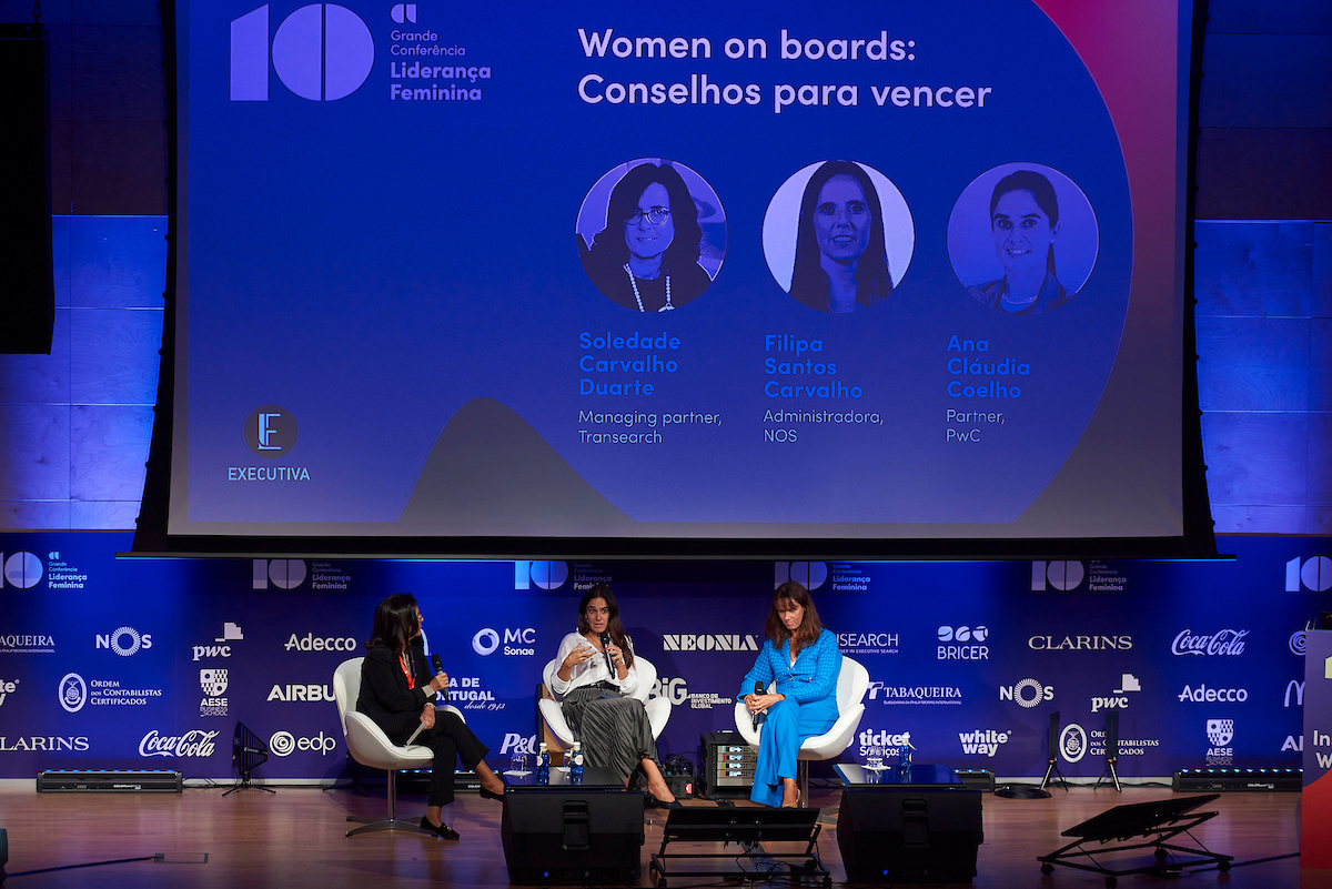 Soledade Carvalho Duarte, da Transearch, Cláudia Coelho, da PwC, e Filipa Santos Carvalho, da NOS, conversaram sobre ter mais mulheres nos boards.